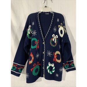 Vintage Nutcracker Christmas Sweater Cardigan Womens 2X  XL Navy Wreaths